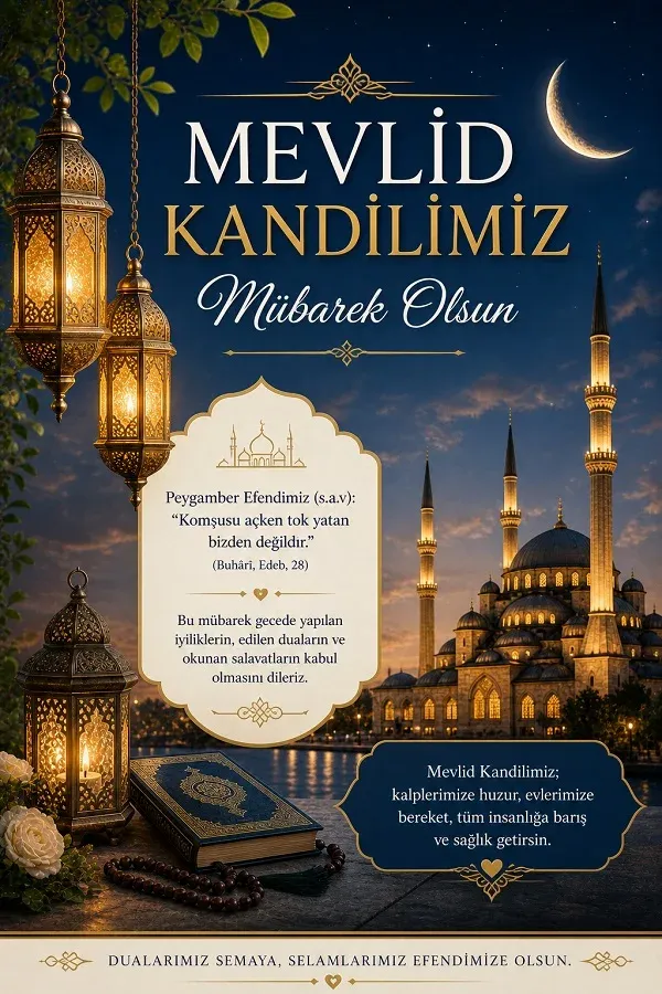 Kandil gecesi için hazırlanmış cami ve dua temalı görsel.