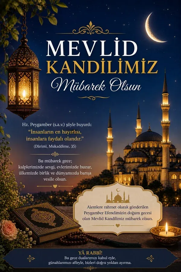 Mevlid Kandili için hazırlanmış cami ve kandil ışıklı anlamlı söz görseli.