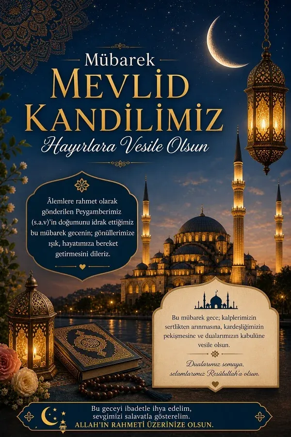 Geleneksel motiflerle süslenmiş Mevlid Kandili kutlama görseli.