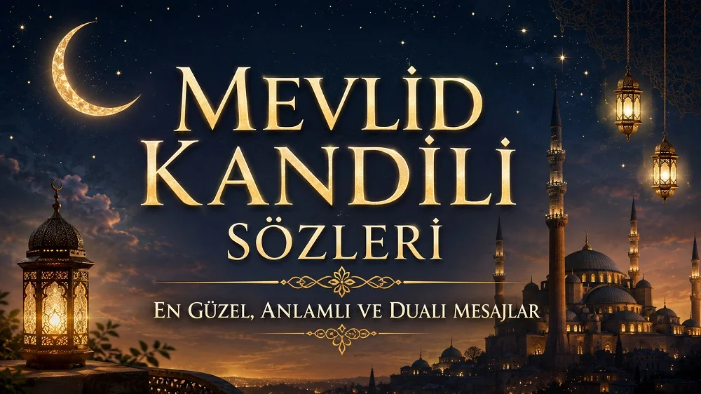 Mevlid Kandili Sözleri En Güzel, Anlamlı ve Dualı Mesajlar başlıklı, cami silüeti, hilal, yıldızlar ve kandil fenerleriyle hazırlanmış manevi kapak görseli.