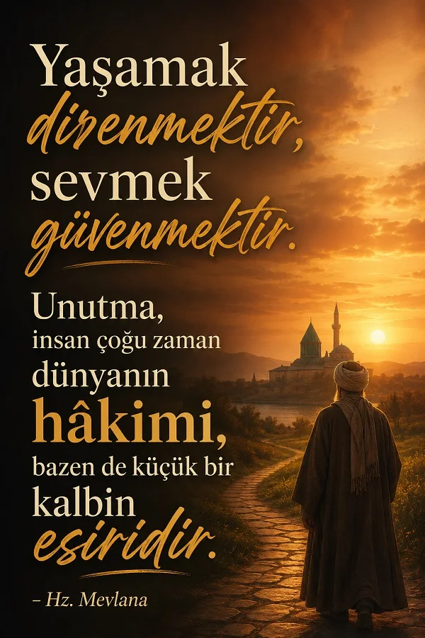 Gün batımında taş yolda yürüyen bir figür ve cami silueti eşliğinde “Yaşamak direnmektir, sevmek güvenmektir...” diye başlayan Hz. Mevlana sözünün yer aldığı tasarım.