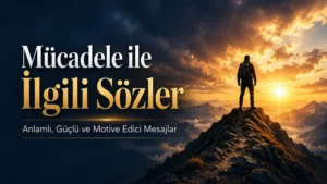 Dağ zirvesinde gün doğumuna karşı ayakta duran sırt çantalı bir kişinin yer aldığı yatay kapak görselinde, sol tarafta “Mücadele ile İlgili Sözler” başlığı ve “Anlamlı, Güçlü ve Motive Edici Mesajlar” alt metni bulunuyor. Arka planda dramatik gökyüzü, dağ siluetleri ve umut veren ışık tonları yer alıyor.