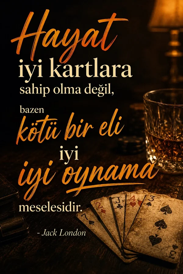 Loş ışıklı masa üzerinde iskambil kâğıtları ve bardak eşliğinde “Hayat iyi kartlara sahip olma değil, bazen kötü bir eli iyi oynama meselesidir” sözünün yer aldığı tasarım.