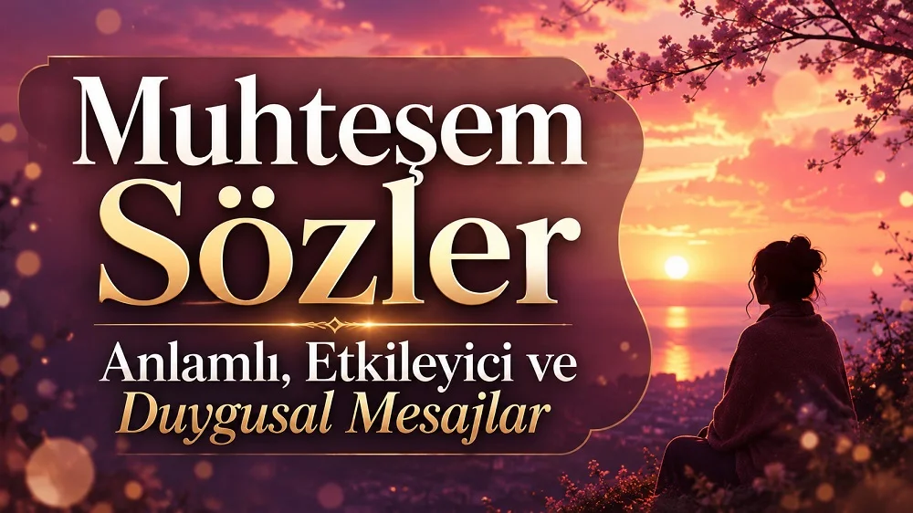 Gün batımı manzarası önünde “Muhteşem Sözler Anlamlı, Etkileyici ve Duygusal Mesajlar” yazılı duygusal blog kapak görseli.