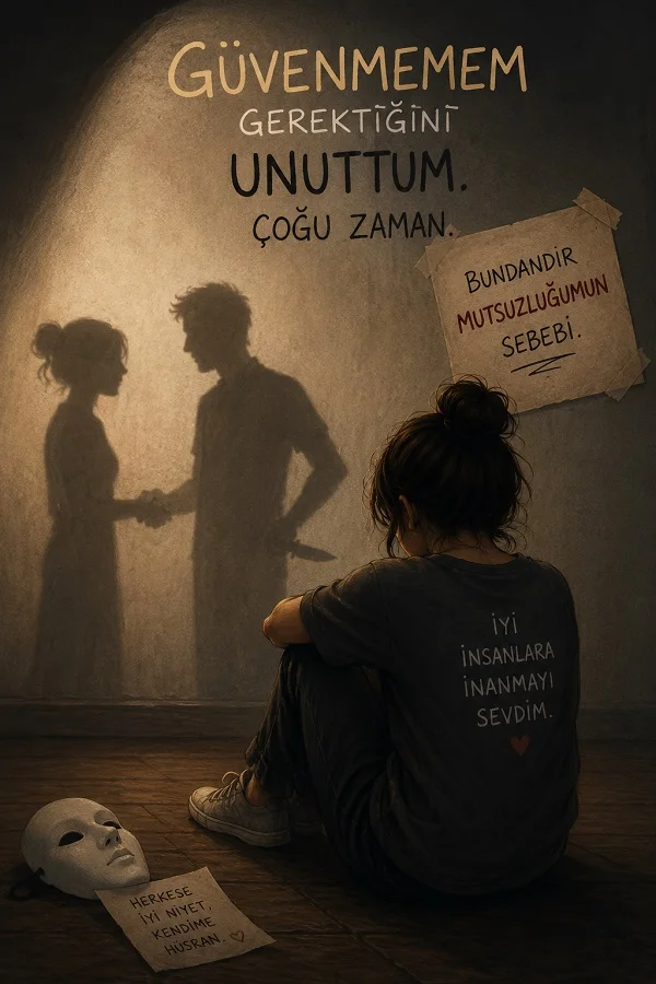 Karanlık odada yalnız oturan bir kadın, duvarda iki insanın gölgesi ve “Güvenmemem gerektiğini unuttum. Çoğu zaman.” yazılı hüzünlü söz tasarımı.