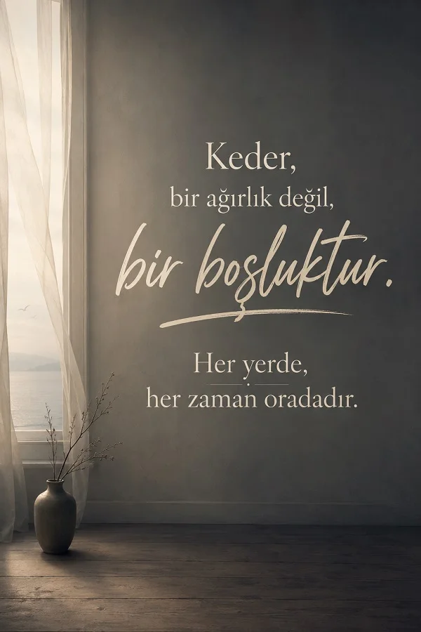 Gri duvarlı sade bir odada “Keder, bir ağırlık değil, bir boşluktur. Her yerde, her zaman oradadır.” sözü yer alıyor.