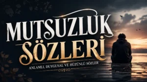 Göl kenarında yalnız oturan insan figürü, karanlık gün batımı manzarası ve büyük tipografiyle hazırlanmış “Mutsuzluk Sözleri: Anlamlı, Duygusal ve Hüzünlü Sözler” başlıklı modern kapak görseli.