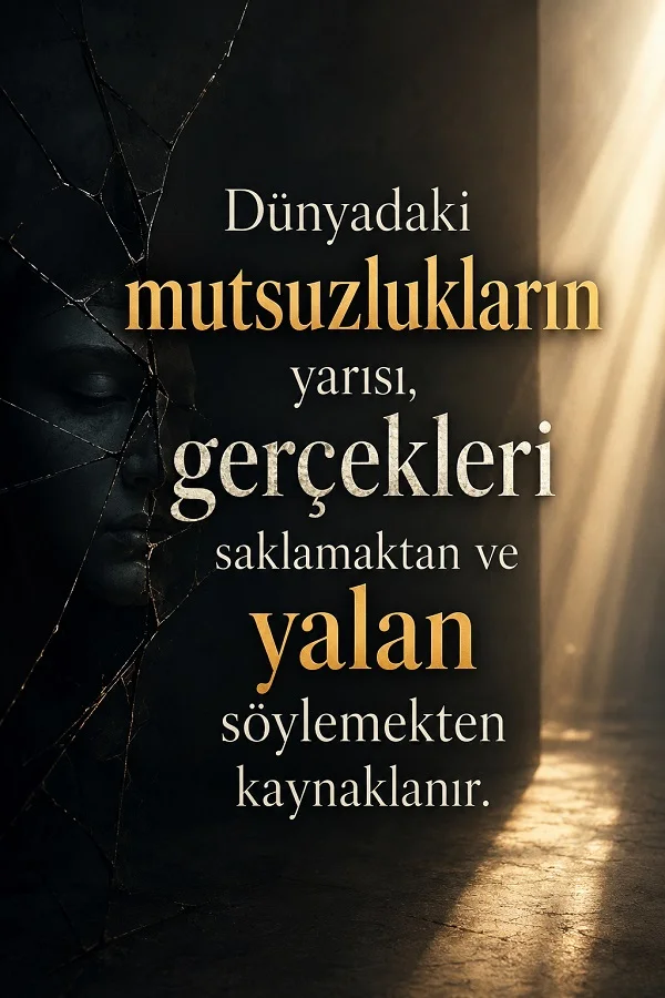 Kırık ayna ve karanlık koridor fonunda “Dünyadaki mutsuzlukların yarısı, gerçekleri saklamaktan ve yalan söylemekten kaynaklanır.” sözü yer alıyor.