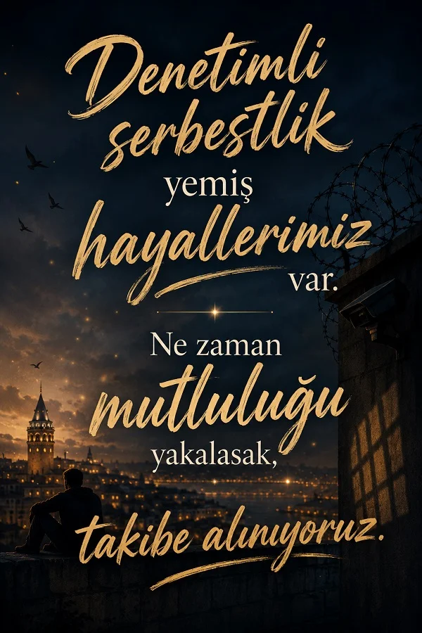 Karanlık şehir manzarası, tel örgü ve yalnız oturan kişi eşliğinde “Denetimli serbestlik yemiş hayallerimiz var. Ne zaman mutluluğu yakalasak, takibe alınıyoruz.” sözü yazılıdır.