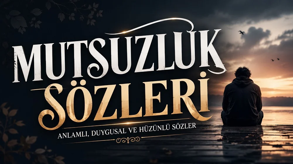 Göl kenarında yalnız oturan insan figürü, karanlık gün batımı manzarası ve büyük tipografiyle hazırlanmış “Mutsuzluk Sözleri: Anlamlı, Duygusal ve Hüzünlü Sözler” başlıklı modern kapak görseli.