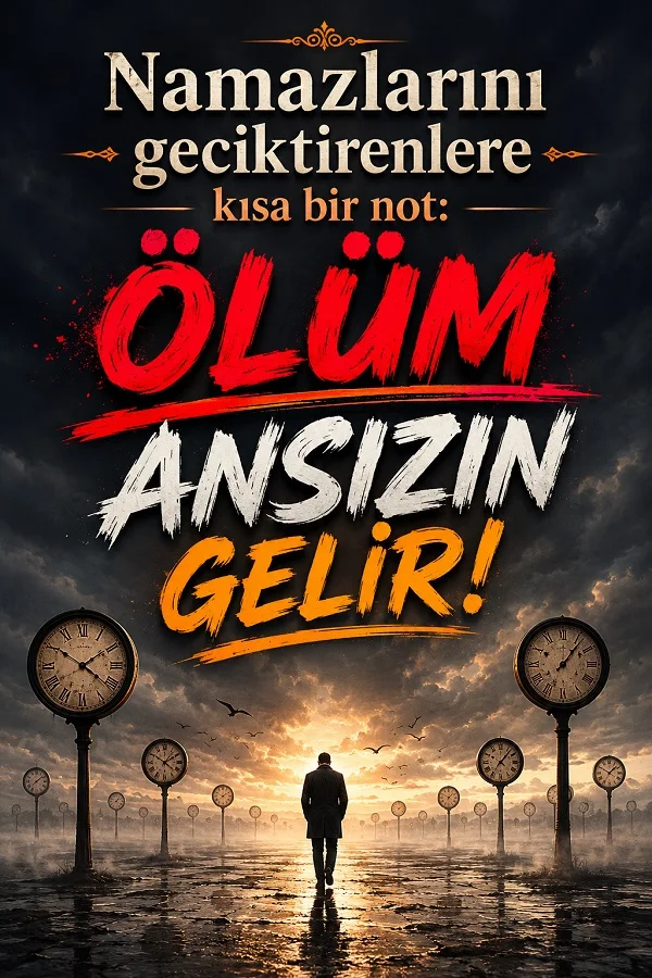 Saatlerle çevrili karanlık bir yol üzerinde yürüyen insan figürü ve “Namazlarını geciktirenlere kısa bir not: Ölüm ansızın gelir!” sözü yer alıyor.