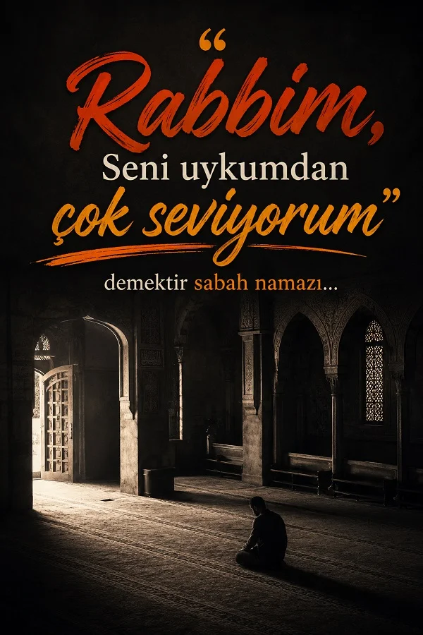 Loş bir cami içinde ibadet eden kişi ve “Rabbim, seni uykumdan çok seviyorum demektir sabah namazı...” sözü bulunuyor.