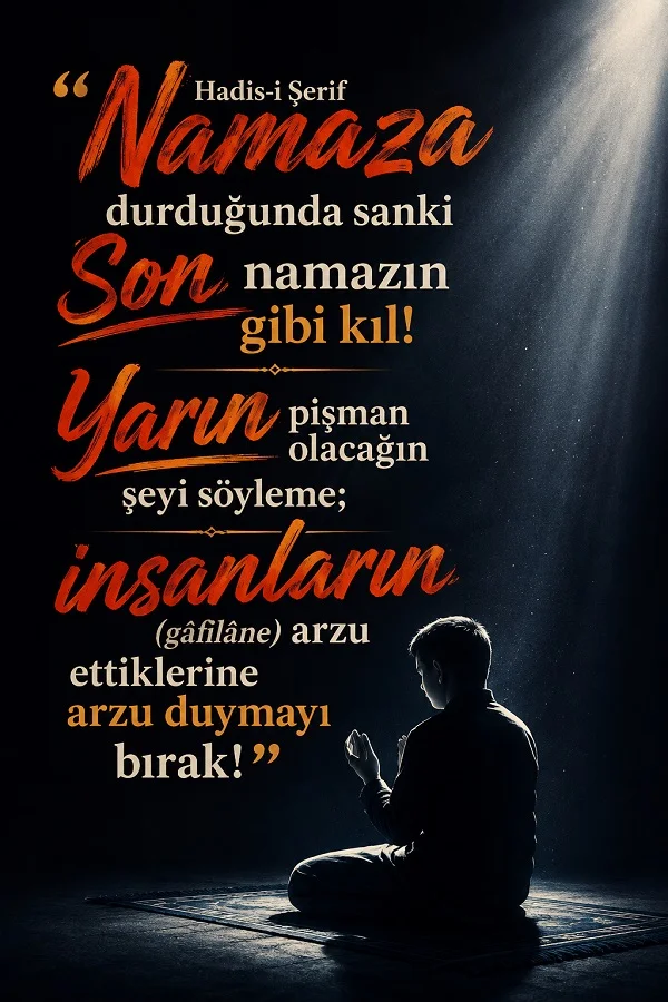 Işık altında namaz için oturan bir siluet üzerinde “Namazı durduğunda sanki son namazın gibi kıl!” ifadesiyle başlayan hadis-i şerif temalı dini söz yer alıyor.