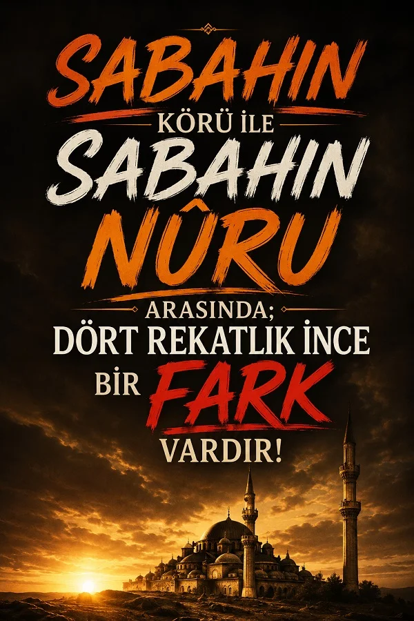 Gün doğumunda cami silüeti önünde “Sabahın körü ile sabahın nuru arasında; dört rekatlık ince bir fark vardır!” sözü yazıyor.