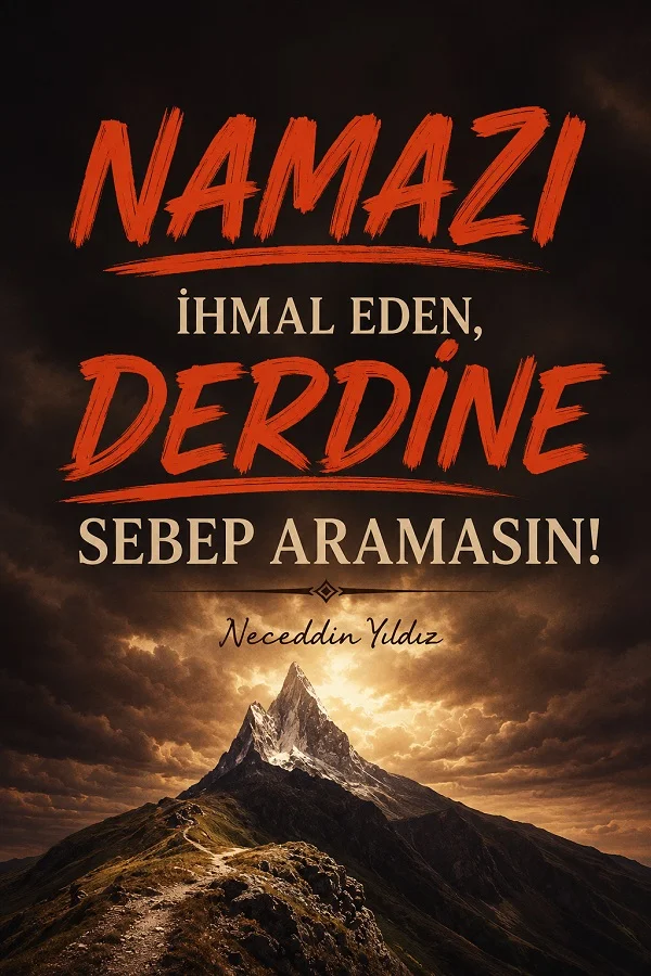 Karanlık dağ manzarası üzerinde “Namazı ihmal eden, derdine sebep aramasın!” Neceddin Yıldız sözü yer alıyor.