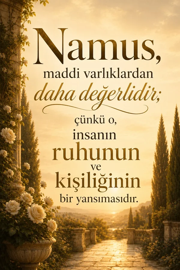 Çiçeklerle çevrili taş bir bahçe yolunda, “Namus, maddi varlıklardan daha değerlidir; çünkü o, insanın ruhunun ve kişiliğinin bir yansımasıdır.” sözü yazılıdır.