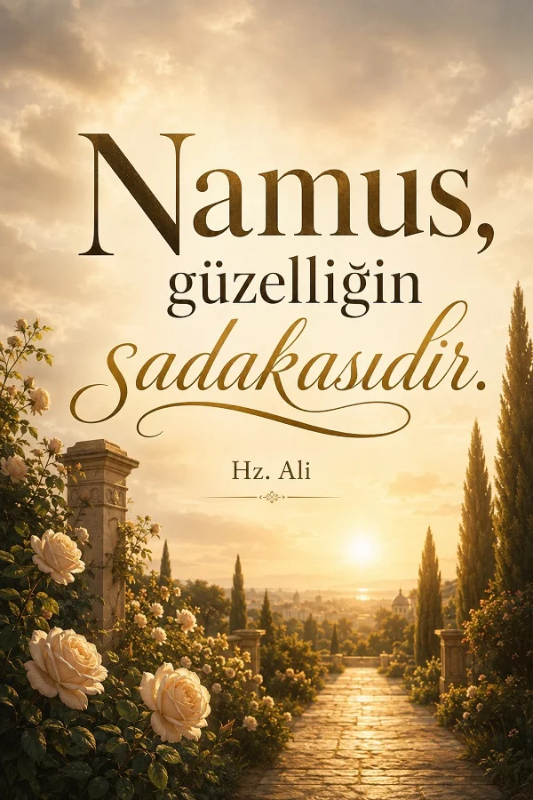 Gün ışığıyla aydınlanan çiçekli taş yol manzarası üzerinde Hz. Ali’nin “Namus, güzelliğin sadakasıdır.” sözü bulunuyor.