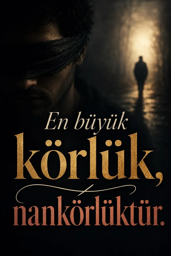 Karanlık fonda gözleri bağlı bir erkek figürü ve arka planda uzaklaşan siluet eşliğinde “En büyük körlük, nankörlüktür.” sözü.