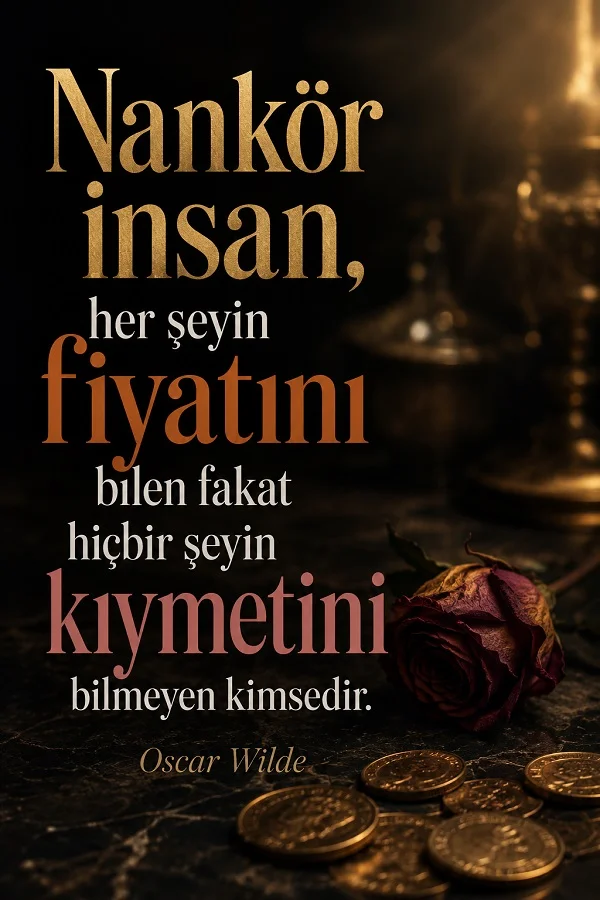Koyu arka planda madeni paralar ve solmuş gül yanında “Nankör insan, her şeyin fiyatını bilen fakat hiçbir şeyin kıymetini bilmeyen kimsedir.” Oscar Wilde sözü.