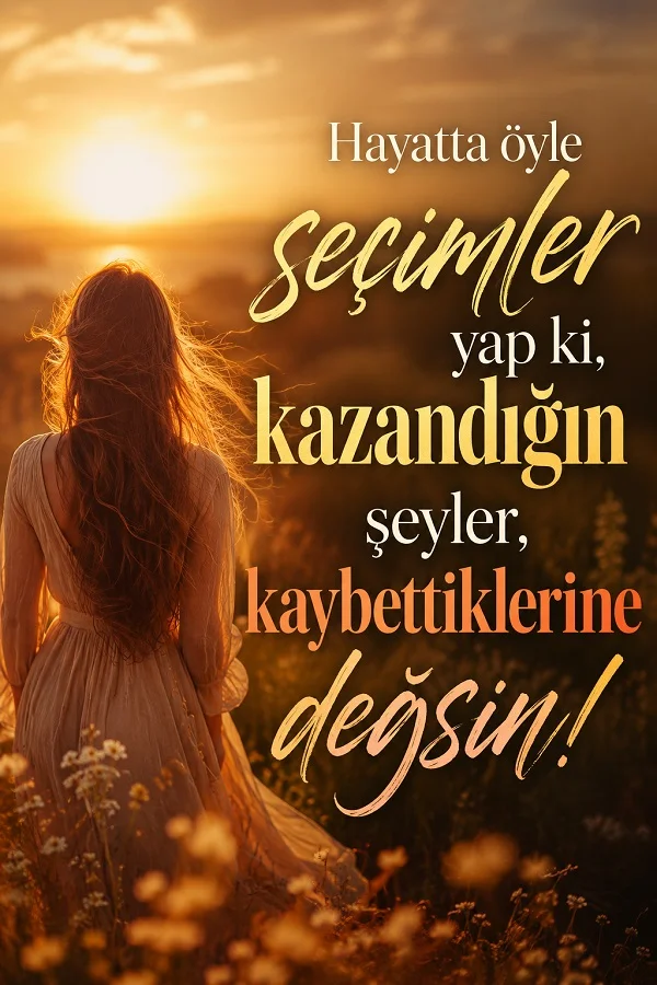 Gün batımında çiçekli bir alanda arkadan görülen bir kadın eşliğinde “Hayatta öyle seçimler yap ki, kazandığın şeyler, kaybettiklerine değsin!” sözünün yer aldığı tasarım.