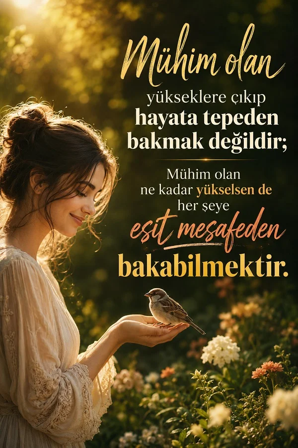 Çiçekli bahçede eline kuş konmuş genç bir kadın ile “Mühim olan yükseklere çıkıp hayata tepeden bakmak değildir; mühim olan ne kadar yükselsen de her şeye eşit mesafeden bakabilmektir” sözünün yer aldığı tasarım.