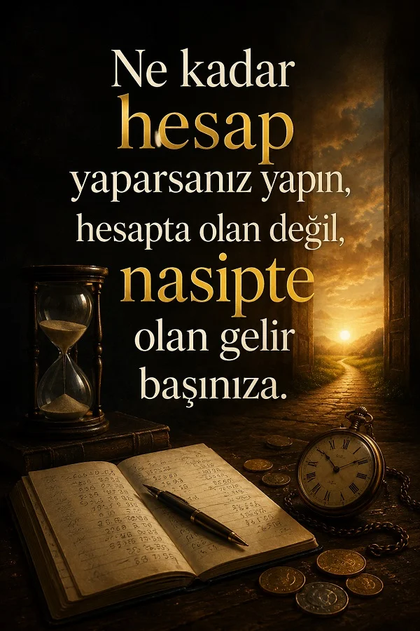Kum saati ve hesap temasıyla nasip hakkında anlamlı söz bulunan görsel