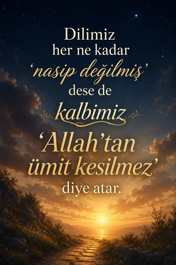 Yıldızlı gökyüzü altında yol manzarası ve umut dolu nasip sözü bulunan görsel
