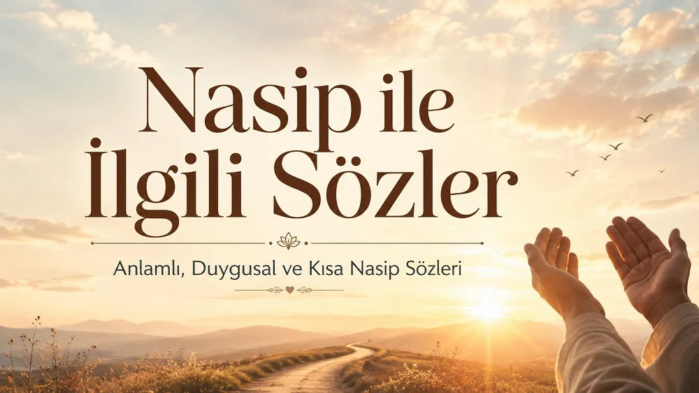 Gün doğumu manzarasında semaya açılan eller ve yol görüntüsüyle hazırlanmış, nasip ile ilgili sözler temalı huzurlu kapak görseli.