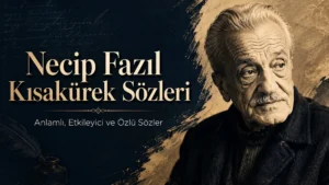 Koyu lacivert ve altın tonlarda hazırlanmış, Necip Fazıl Kısakürek portresi bulunan “Necip Fazıl Kısakürek Sözleri: Anlamlı, Etkileyici ve Özlü Sözler” başlıklı modern kapak görseli.