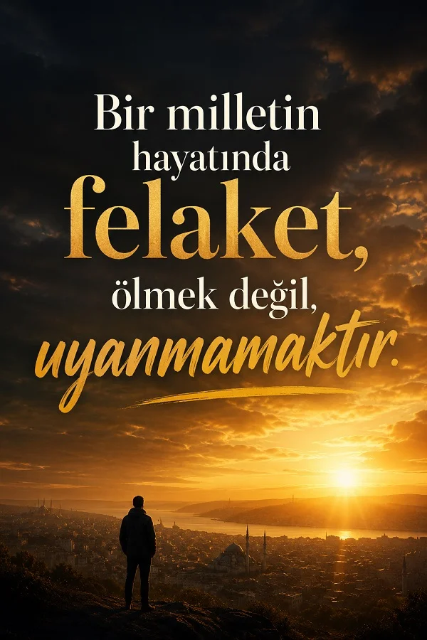 Gün batımında şehir manzarasına bakan bir kişinin yer aldığı tasarımda “Bir milletin hayatında felaket, ölmek değil, uyanmamaktır.” sözü yazıyor.