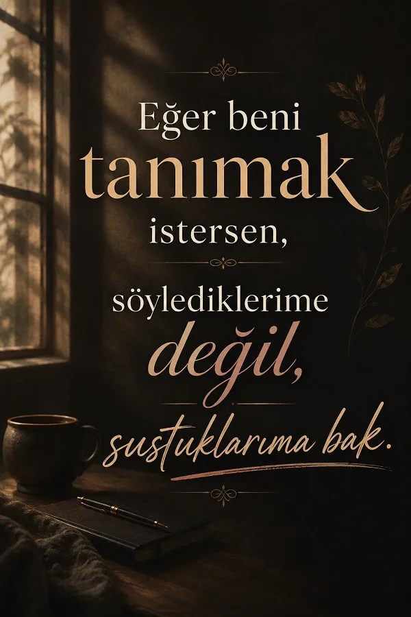 Karanlık odada pencere ışığı, fincan ve defter eşliğinde “Eğer beni tanımak istersen, söylediklerime değil, sustuklarıma bak.” sözü yer alıyor.