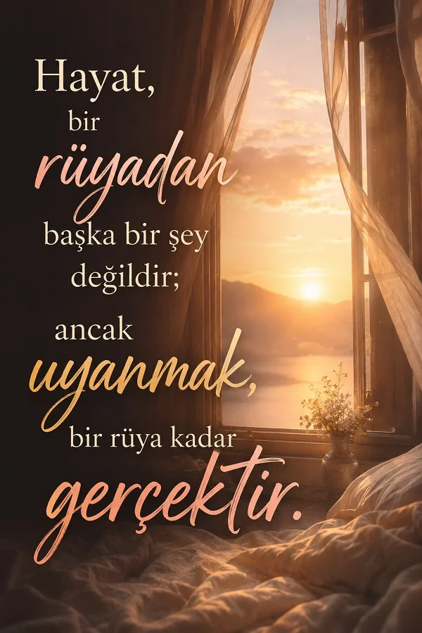 Gün doğumuna açılan pencere ve yatak odası manzarasında “Hayat, bir rüyadan başka bir şey değildir; ancak uyanmak, bir rüya kadar gerçektir.” sözü yazıyor.