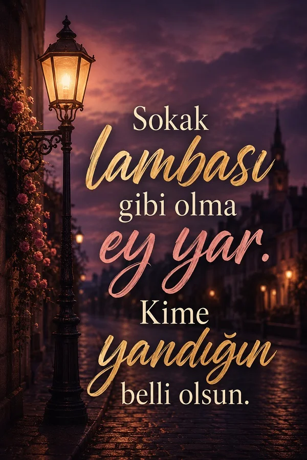 Akşam vakti yanan sokak lambasının bulunduğu şehir sokağında “Sokak lambası gibi olma ey yar. Kime yandığın belli olsun.” sözü yer alıyor.