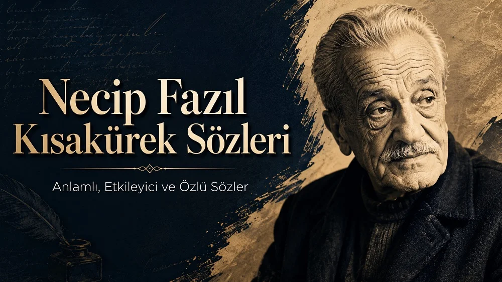 Koyu lacivert ve altın tonlarda hazırlanmış, Necip Fazıl Kısakürek portresi bulunan “Necip Fazıl Kısakürek Sözleri: Anlamlı, Etkileyici ve Özlü Sözler” başlıklı modern kapak görseli.