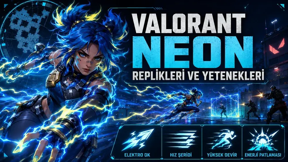 Valorant Neon replikleri ve yetenekleri başlıklı kapak görselinde, mavi ve sarı elektrik enerjisiyle çevrili Neon karakteri hızlı bir şekilde savaş alanına doğru ilerlerken altta yetenek ikonları yer alıyor.