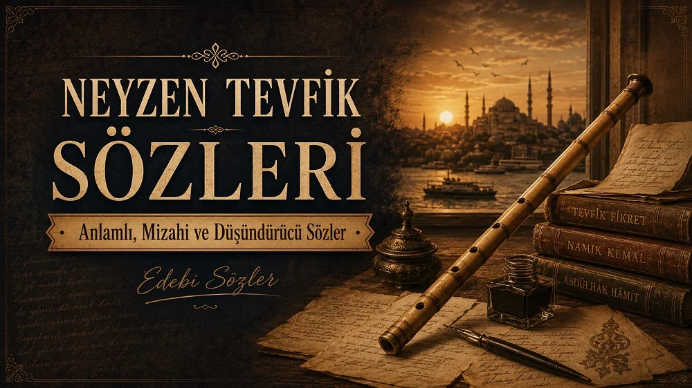 Neyzen Tevfik Sözleri başlıklı kapak görselinde, eski kitaplar, ney, mürekkep şişesi, el yazısı kâğıtlar ve nostaljik İstanbul manzarası yer alıyor.