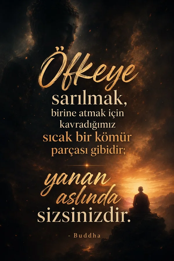 Buddha silüeti ve ufka bakan oturan bir figür eşliğinde “Öfkeye sarılmak, birine atmak için kavradığımız sıcak bir kömür parçası gibidir; yanan aslında sizsinizdir.” sözü yer alıyor.