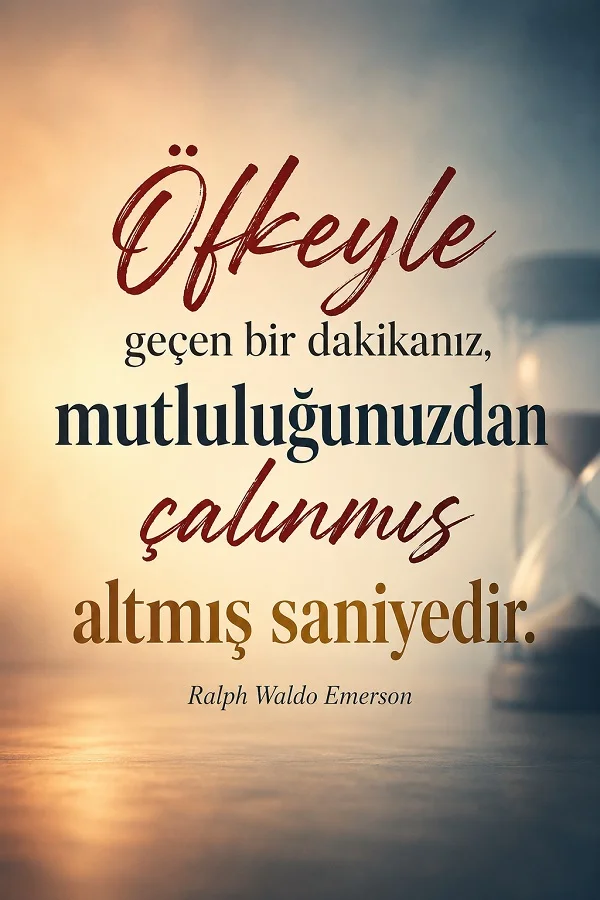 Kum saati fonlu sade tasarımda “Öfkeyle geçen bir dakikanız, mutluluğunuzdan çalınmış altmış saniyedir.” Ralph Waldo Emerson sözü bulunuyor.