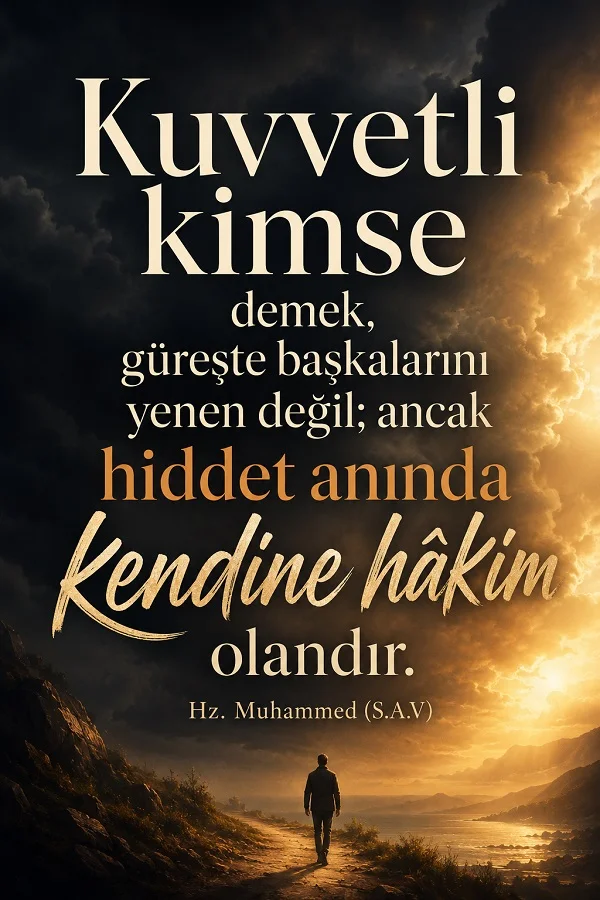 Bulutlu gökyüzü altında yürüyen yalnız bir figürün yer aldığı tasarımda “Kuvvetli kimse demek, güreşte başkalarını yenen değil; ancak hiddet anında kendine hâkim olandır.” Hz. Muhammed (S.A.V) sözü yazıyor.