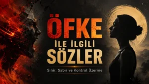 Kırmızı, siyah ve altın tonlarda hazırlanmış, öfke ve sakinlik temasını yansıtan insan silüetleri bulunan “Öfke ile İlgili Sözler: Sinir, Sabır ve Kontrol Üzerine” başlıklı modern kapak görseli.