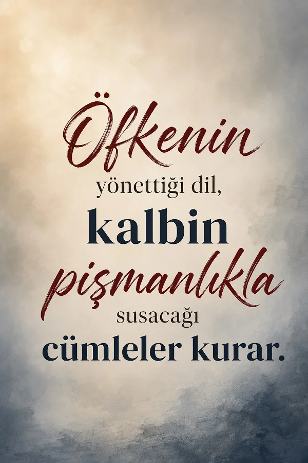 Açık tonlu sade fonda “Öfkenin yönettiği dil, kalbin pişmanlıkla susacağı cümleler kurar.” sözü yer alıyor.