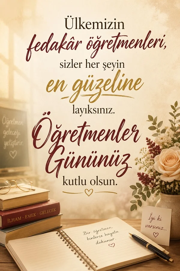 Kitaplar, defter, kalem ve çiçeklerle süslenmiş tasarımda “Ülkemizin fedakâr öğretmenleri, sizler her şeyin en güzeline layıksınız” sözü yer alıyor.