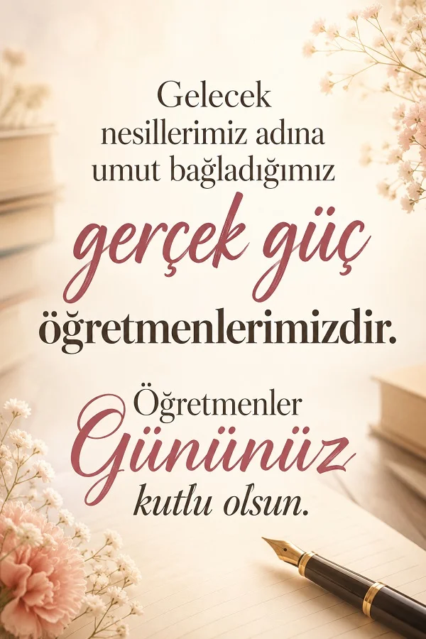 Açık tonlu çiçekli fonda “Gelecek nesillerimiz adına umut bağladığımız gerçek güç öğretmenlerimizdir” yazılı Öğretmenler Günü mesajı bulunuyor.