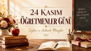 24 Kasım Öğretmenler Günü yazısı bulunan, kitaplar, elma, çiçekler, kara tahta ve öğretmene teşekkür notu ile hazırlanmış sıcak tonlarda kapak görseli.