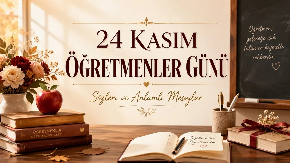 24 Kasım Öğretmenler Günü yazısı bulunan, kitaplar, elma, çiçekler, kara tahta ve öğretmene teşekkür notu ile hazırlanmış sıcak tonlarda kapak görseli.