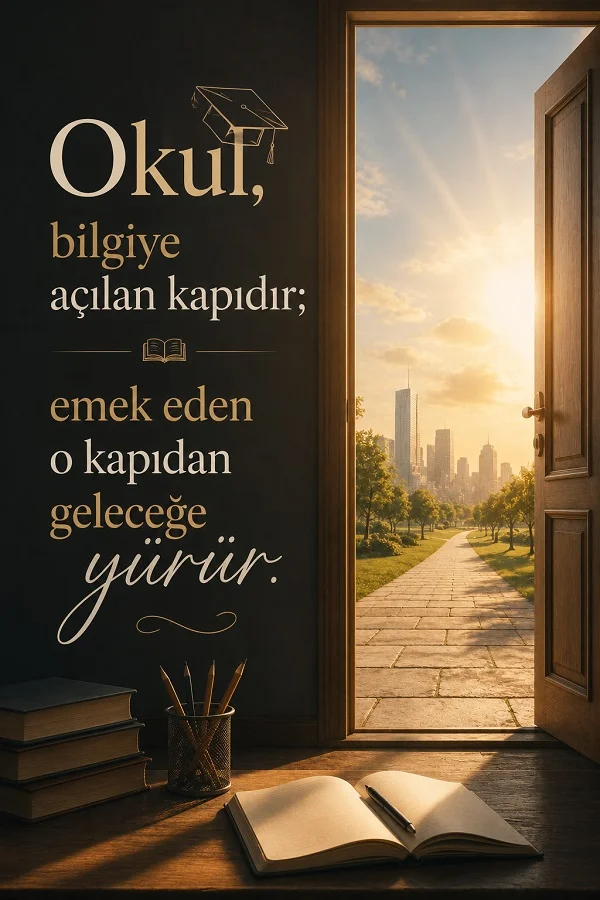Açık kapıdan güneşli bir yola ve şehir manzarasına bakılan sahne ile masa üzerindeki kitaplar ve açık defter eşliğinde “Okul, bilgiye açılan kapıdır; emek eden o kapıdan geleceğe yürür.” sözü.