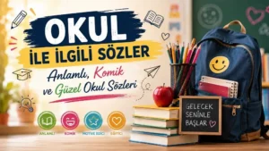 Okul ile ilgili sözler başlıklı, kitaplar, kalemler, okul çantası ve sınıf panosu detayları bulunan renkli eğitim temalı kapak görseli.