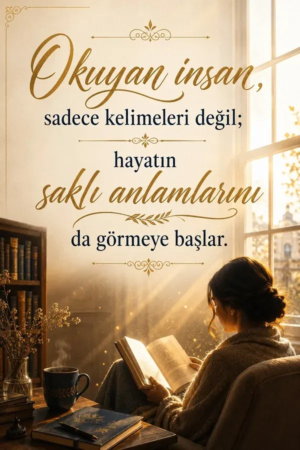 Pencere önünde kitap okuyan kişi ve okumak üzerine anlamlı söz bulunan görsel