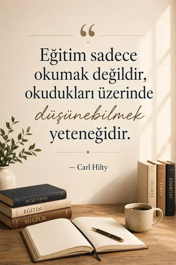 Kitaplar ve çalışma masası eşliğinde eğitim üzerine anlamlı söz görseli