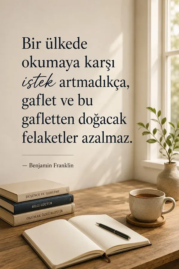 Kitaplar ve kahve eşliğinde okumaya teşvik eden anlamlı söz görseli